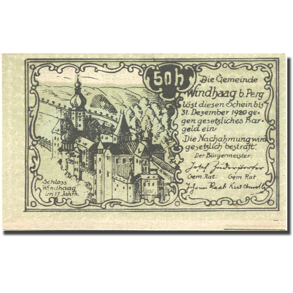 Banconote, Austria, Windhaag, 50 Heller, château, 1920 SPL Mehl:FS 1243I