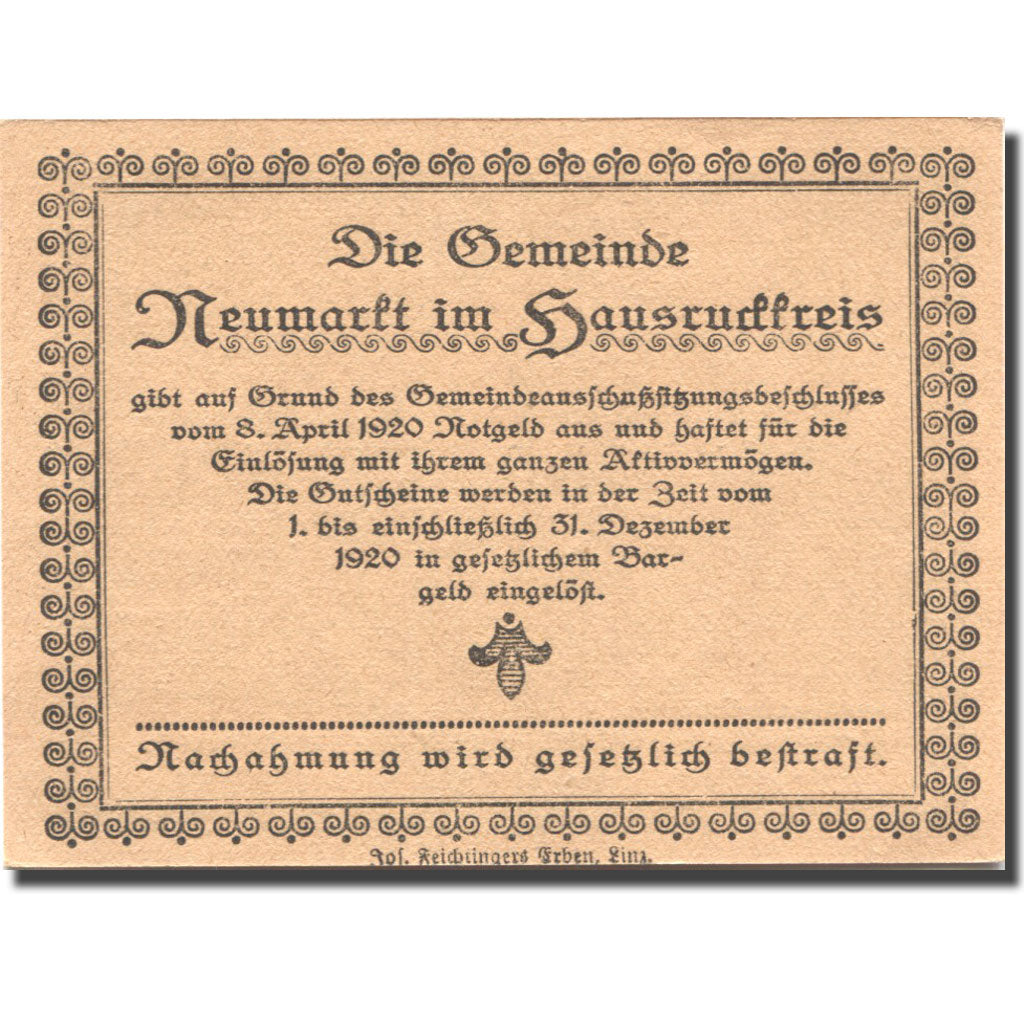 Banconote, Austria, Neumarkt, 10 Heller, chevalier, 1920 SPL Mehl:FS 662a