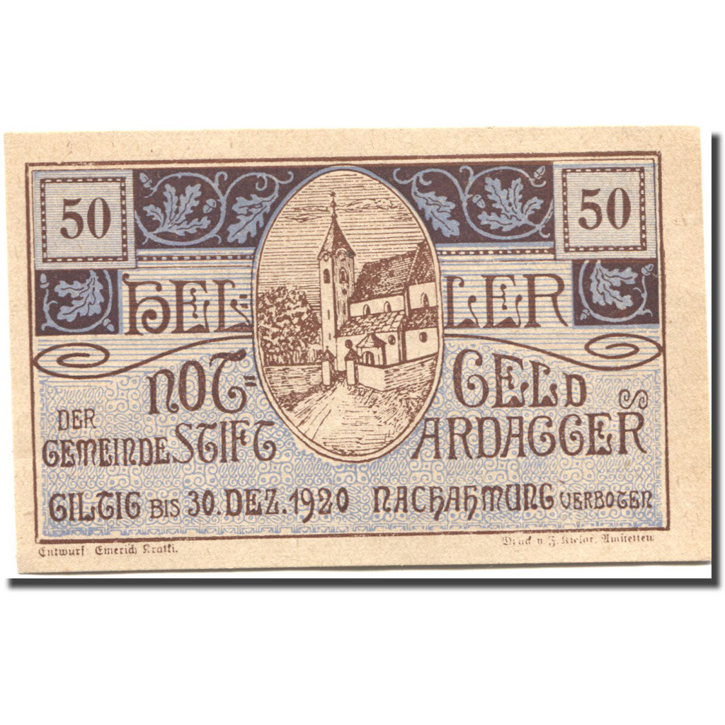 Banconote, Austria, Stift Ardagger, 50 Heller, Eglise, 1920 SPL Mehl:FS 51Bb