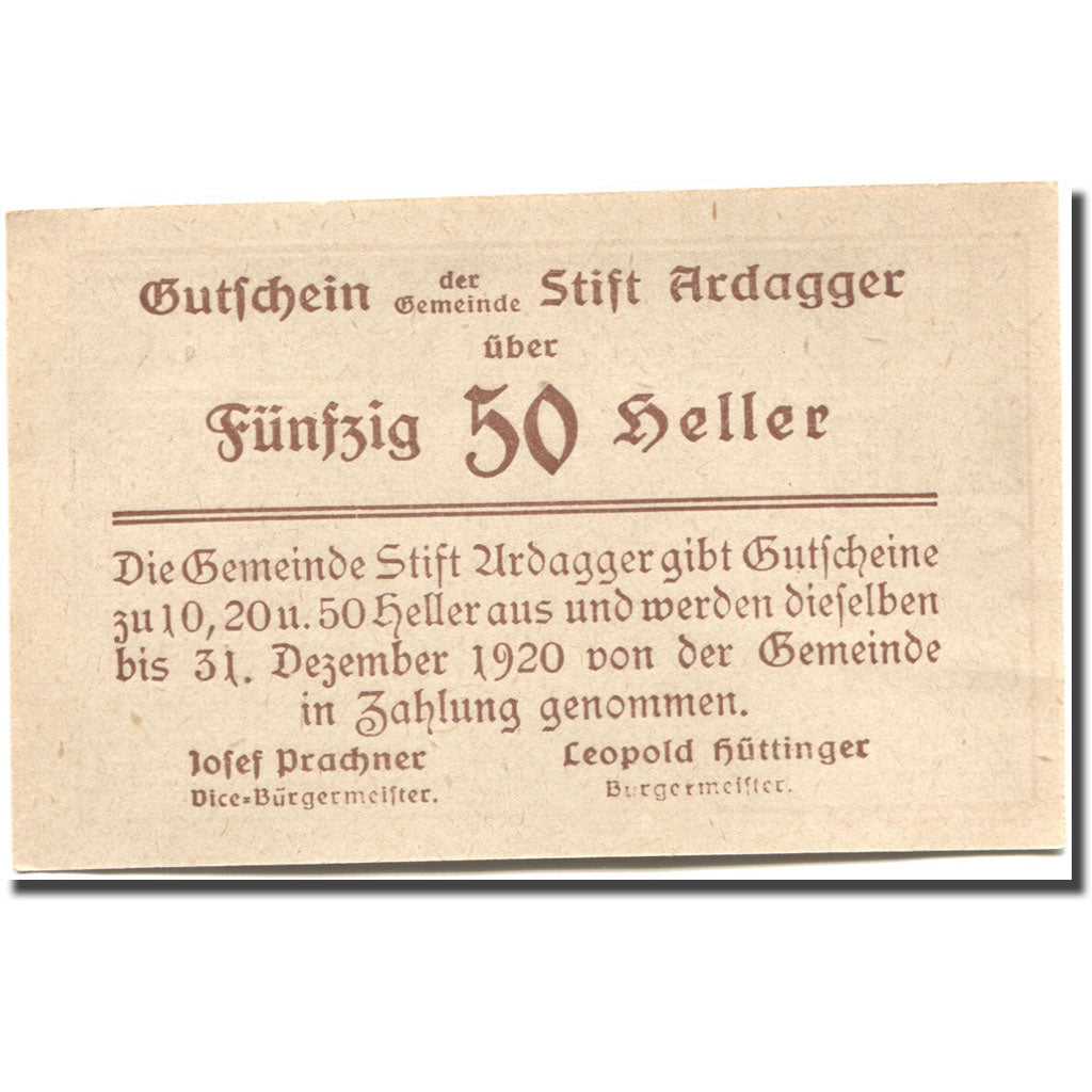 Banconote, Austria, Stift Ardagger, 50 Heller, Eglise, 1920 SPL Mehl:FS 51Bb