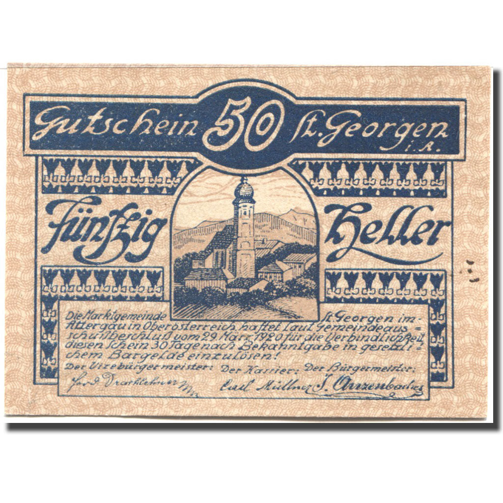 Billet, Autriche, St Georgen im Attergau 50 Heller Eglise 1920 SPL Mehl:FS 888Ia