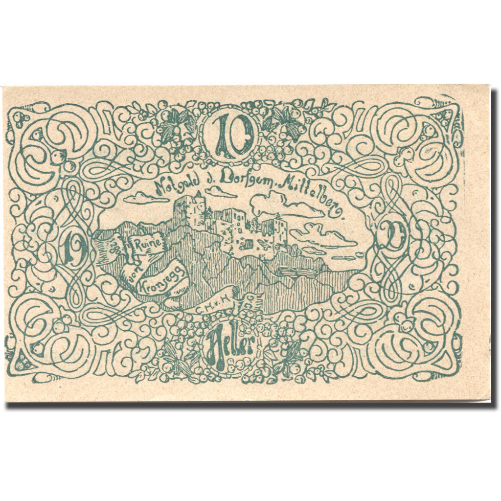 Banconote, Austria, Mittelberg, 10 Heller, château, 1920, SPL Mehl:FS 159a