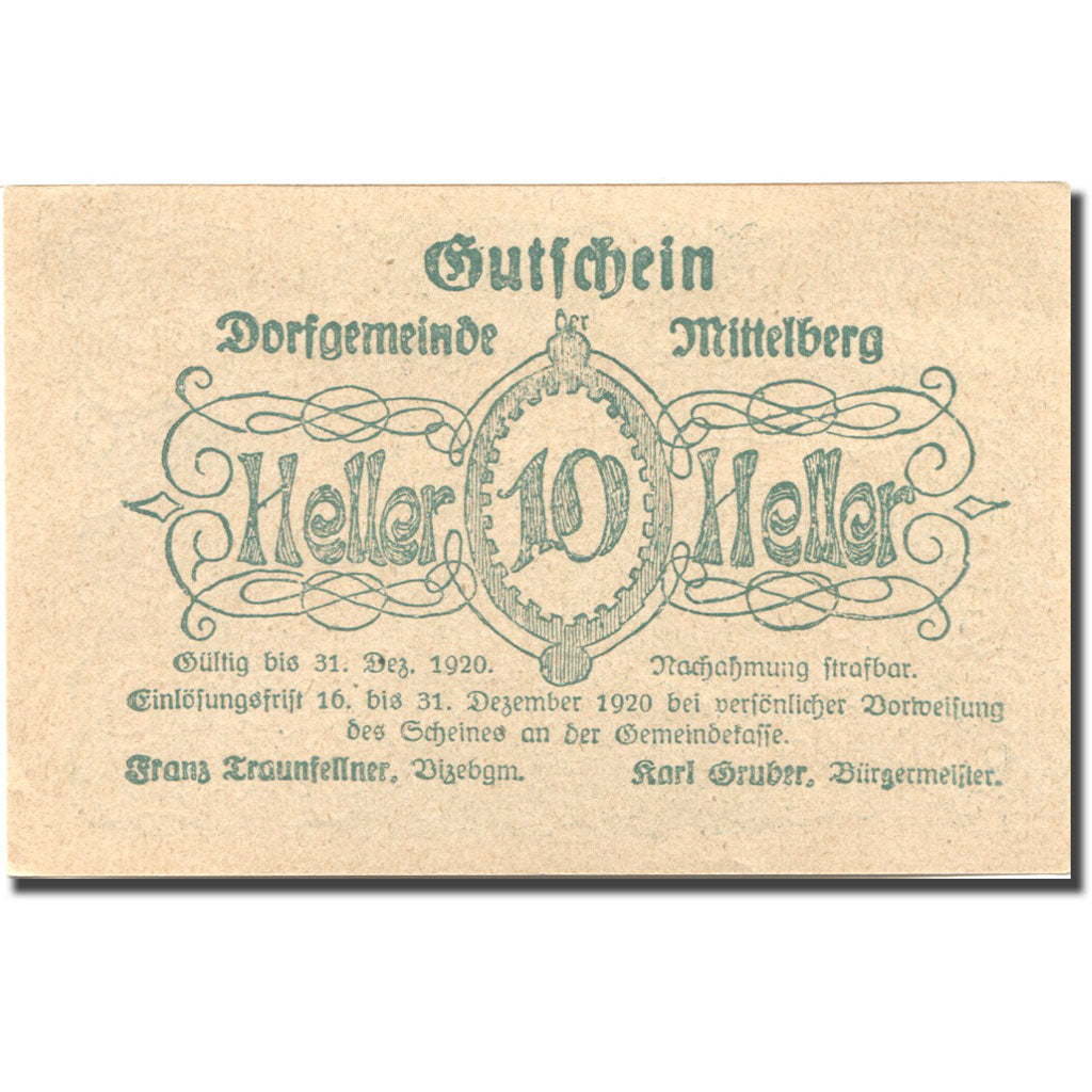Banconote, Austria, Mittelberg, 10 Heller, château, 1920, SPL Mehl:FS 159a