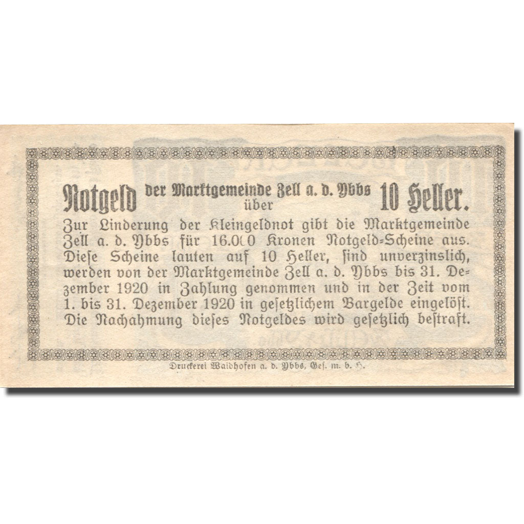 Biljet, Oostenrijk, Zell a/d Ybbs, 10 Heller, Eglise, 1920 SPL Mehl:FS 1272aC