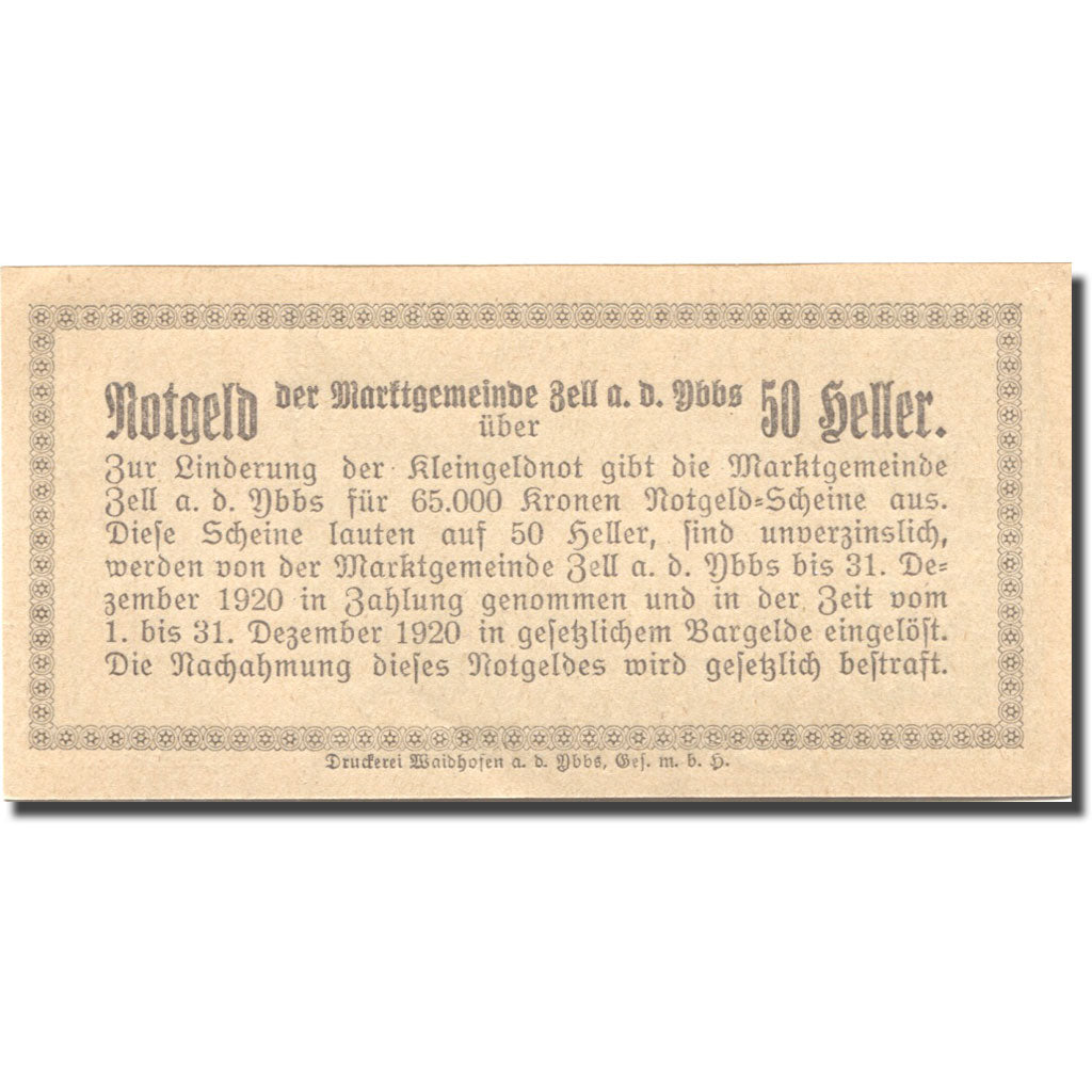 Geldschein, Österreich, Zell a/d Ybbs, 50 Heller, Eglise, 1920 UNZ Mehl:FS 1272a