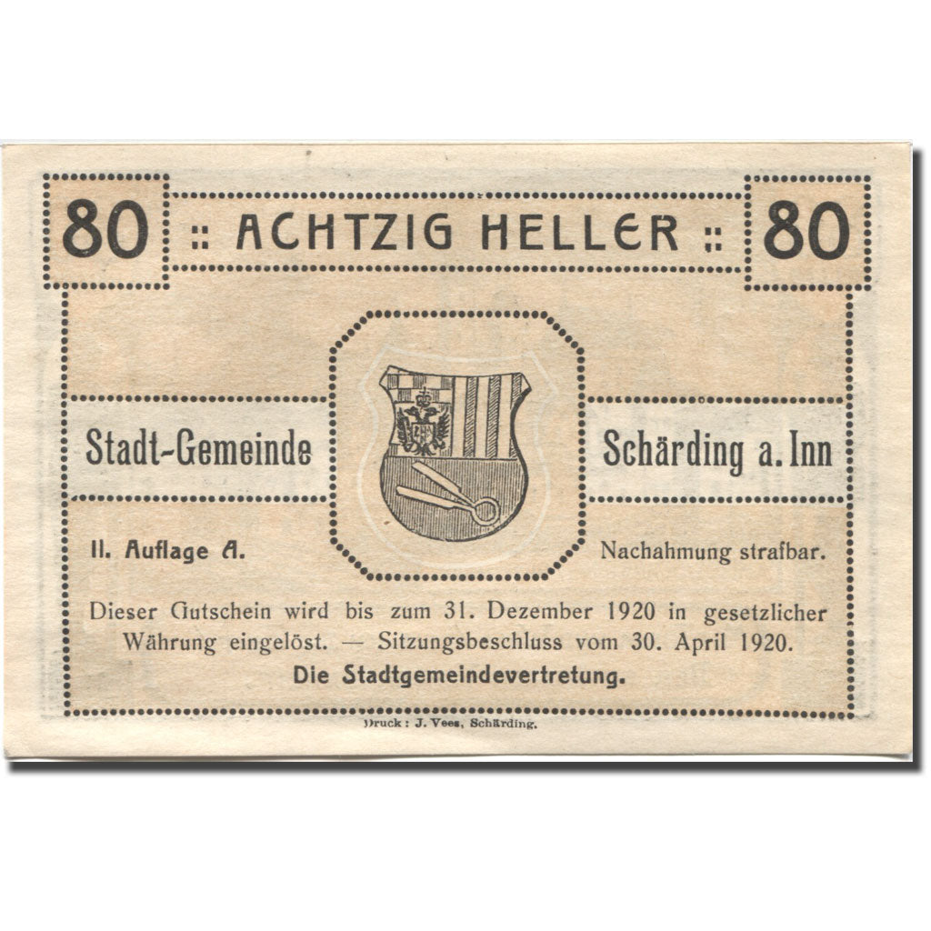 Banconote, Austria, Schärding a Inn, 80 Heller, Blason, 1920 SPL Mehl:FS 951IIb