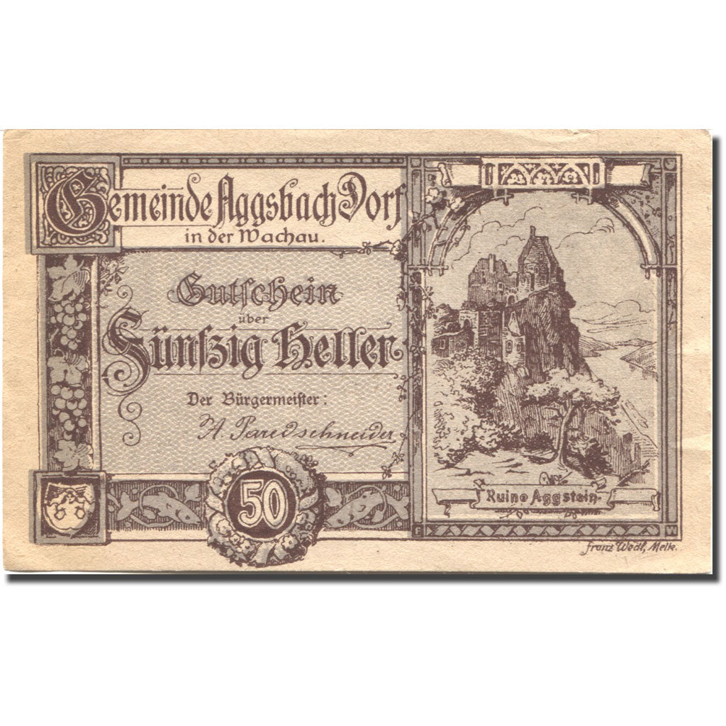 Banconote, Austria, Aggsbach Dorf, 50 Heller, ruine, 1920, SPL- Mehl: FS 8