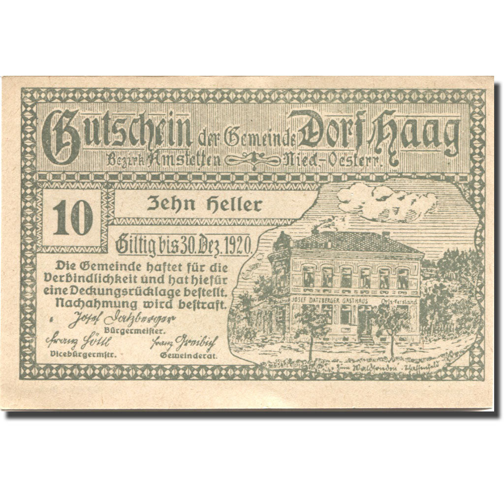 Geldschein, Österreich, Dorf Haag, 10 Heller, mairie 1920, UNZ- Mehl:FS 317c
