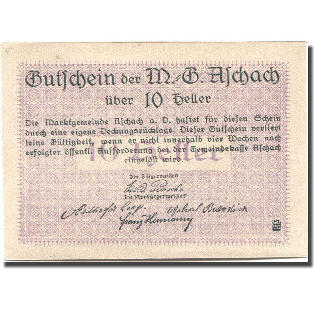 Banconote, Austria, Aschach a/d Donau, 10 Heller, Blason, SPL Mehl:FS 53IIb16