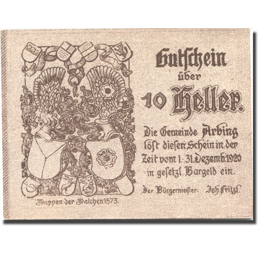 Banconote, Austria, Arbing, 10 Heller, Blason 1920-12-31, SPL Mehl:FS 49a