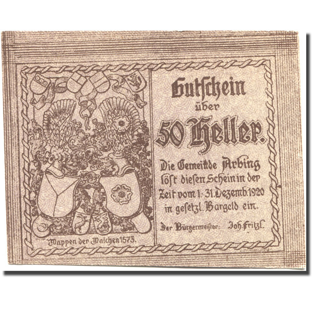 Banconote, Austria, Arbing, 50 Heller, Blason 2, 1920-12-31, SPL- Mehl:FS 49a