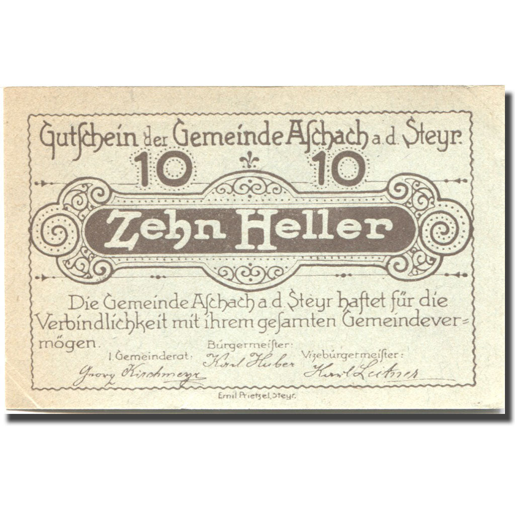 Banconote, Austria, Aschach a/d Steyr, 10 Heller, ferme, 1920 SPL- Mehl:FS 54a