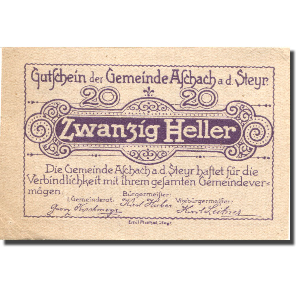 Billet, Autriche, Aschach a/d Steyr, 20 Heller, Eglise, 1920 SUP Mehl:FS 54d