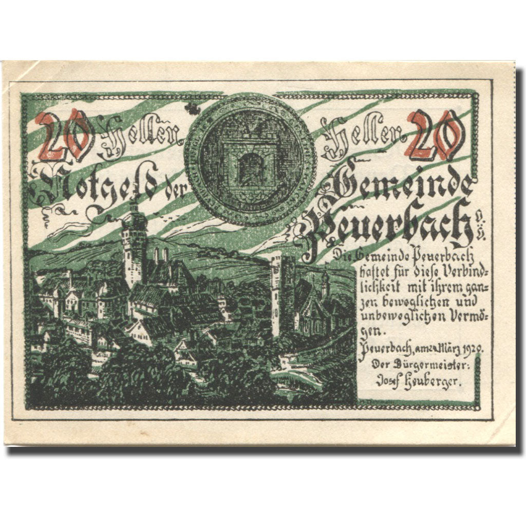 Banconote, Austria, Peuerbach, 20 Heller, château, 1920 SPL-  Mehl:FS 741Ia