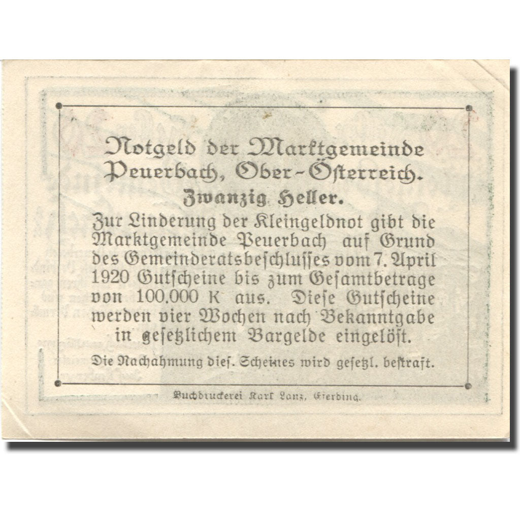 Banconote, Austria, Peuerbach, 20 Heller, château, 1920 SPL-  Mehl:FS 741Ia