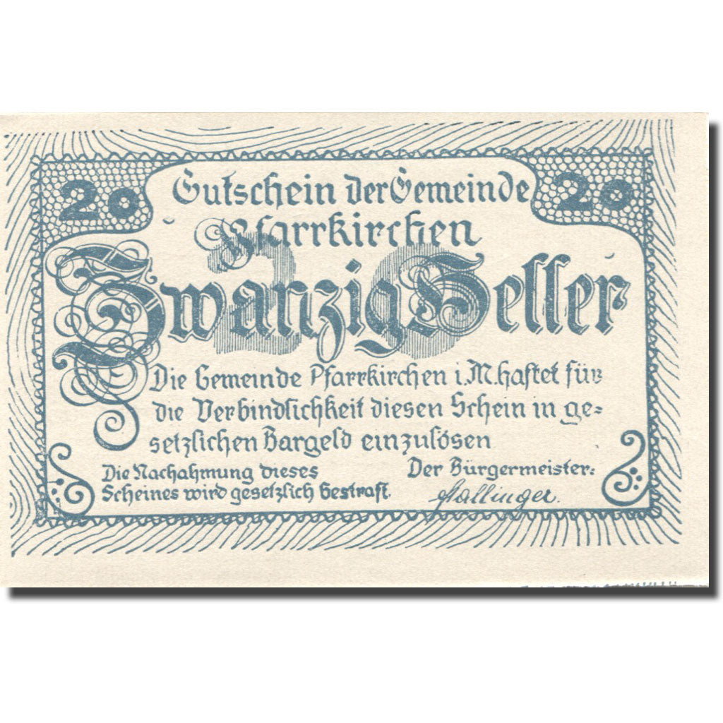 Banconote, Austria, Pfarrkirchen im M, 20 Heller, château, 1920 SPL Mehl:FS744Ib