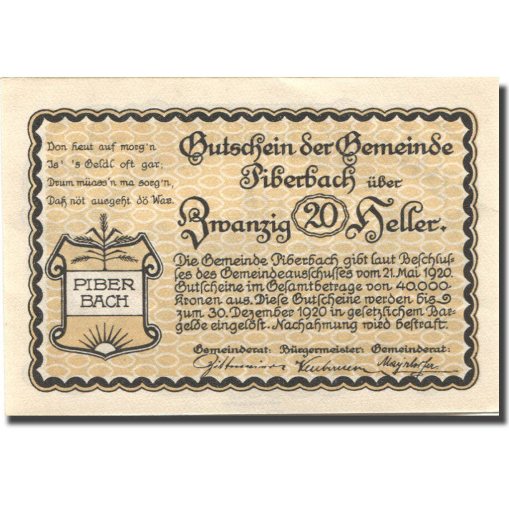 Geldschein, Österreich, Piberbach, 20 Heller, village, 1920, UNZ- Mehl:FS 746a