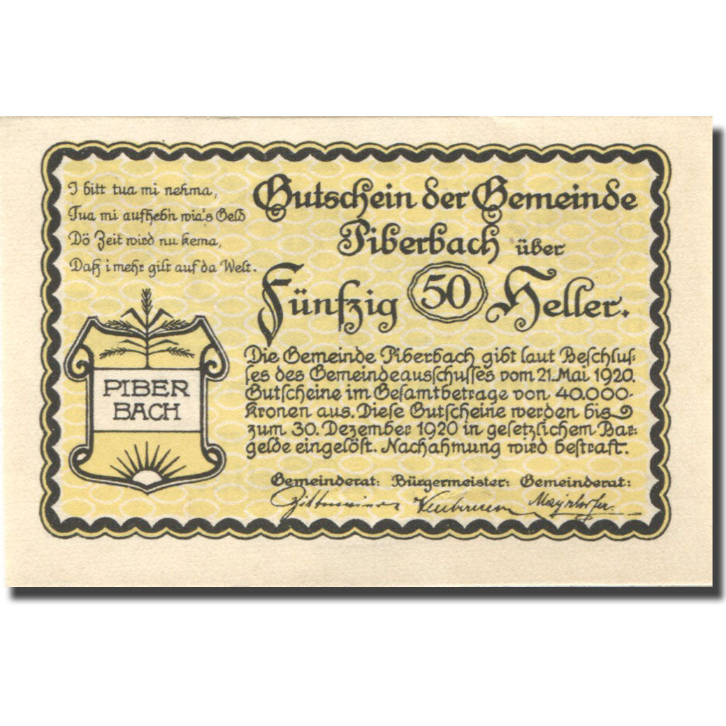 Billet, Autriche, Piberbach, 50 Heller, château, 1920, SPL Mehl:FS 746a