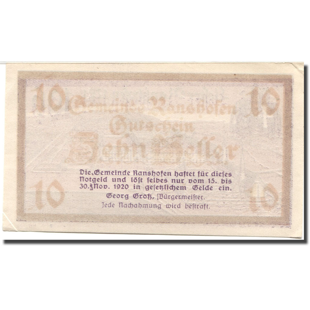 Banconote, Austria, Ranshofen, 10 Heller, château 1920-11-30, SPL- Mehl:FS 819Bb