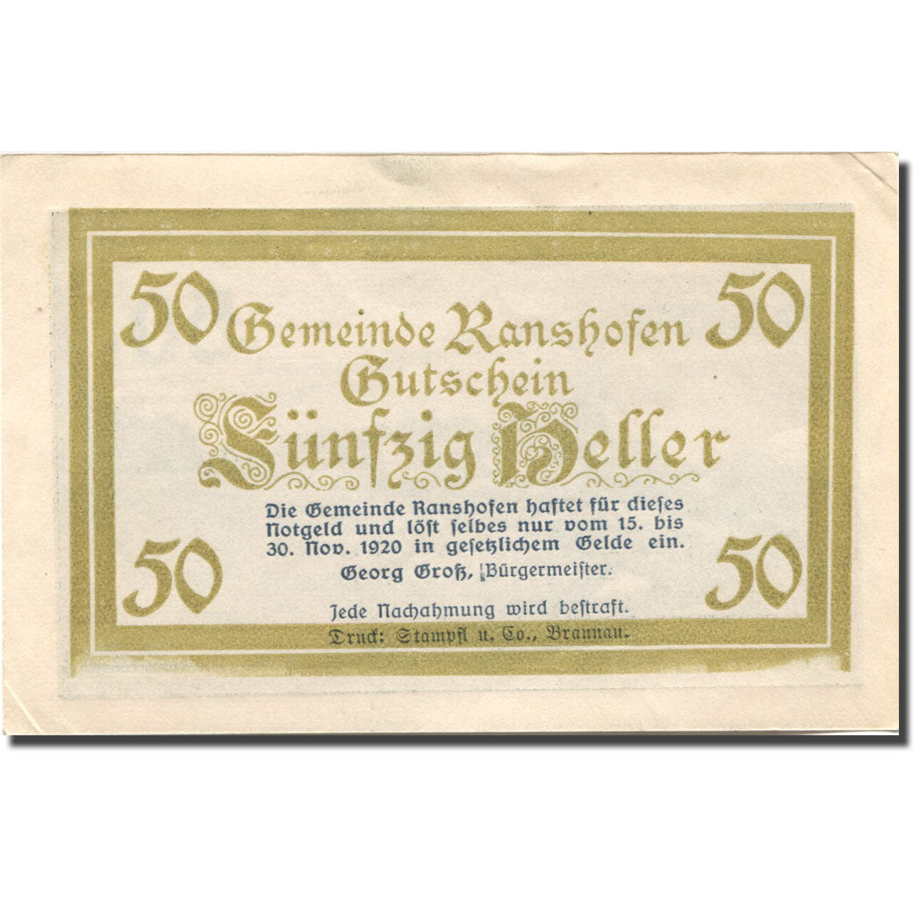 Banconote, Austria, Ranshofen, 50 Heller, paysage, 1920 SPL- Mehl:FS 819Ea