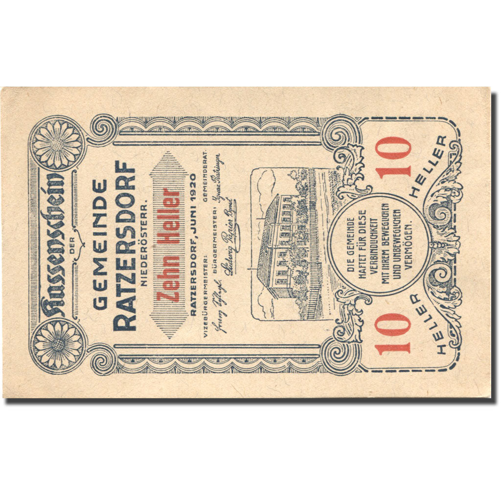 Billet, Autriche, Ratzersdorf, 10 Heller, manoir 1920-12-31, SUP Mehl:FS 822