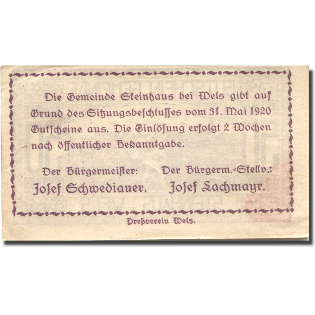 Banknot, Austria, Steinhaus, 50 Heller, agriculteur, 1920, 1920-05-31