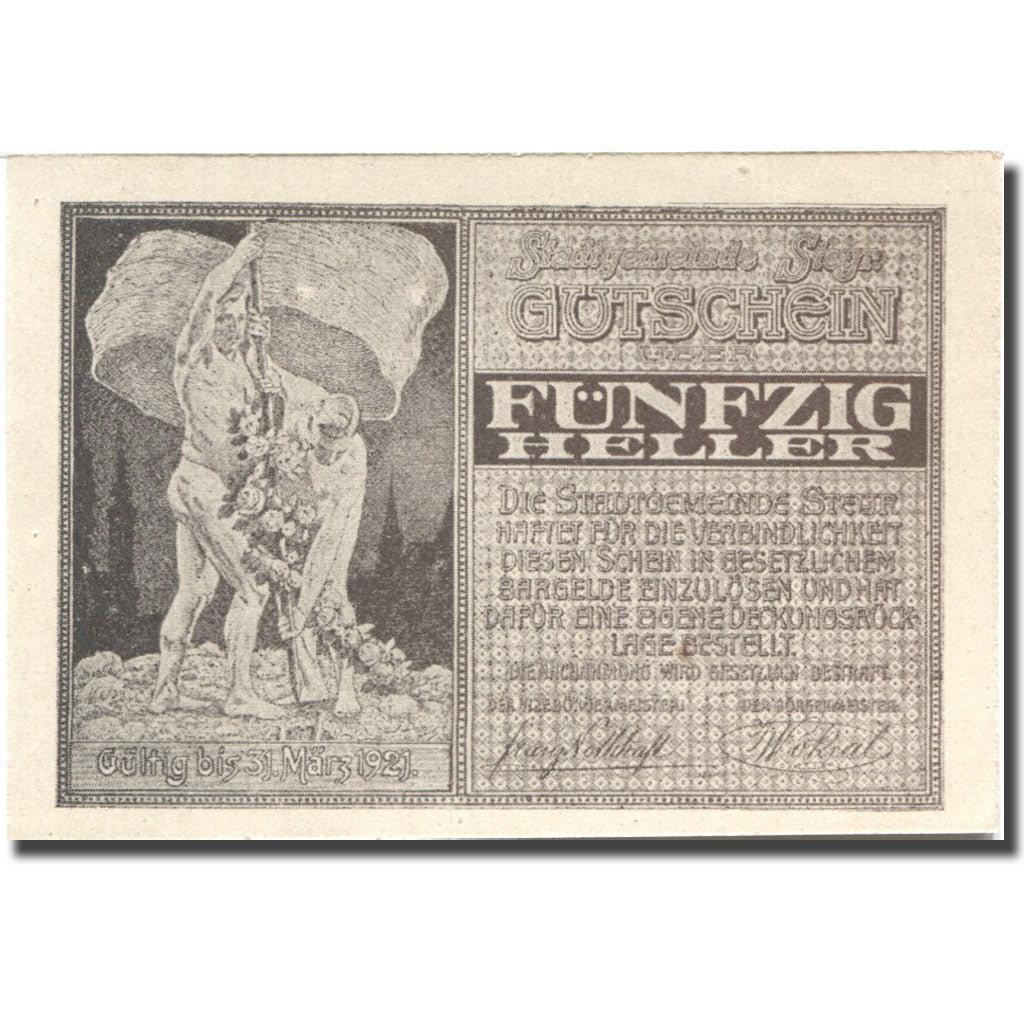 Nota, Áustria, Steyr, 50 Heller, personnage 1921-03-31, UNC(63) Mehl:FS 1034IIb