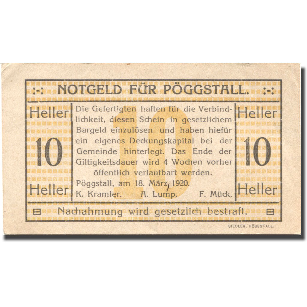 Billete, Austria, Pöggstall, 10 Heller, valeur faciale, 1920 MBC Mehl:FS 756Ia