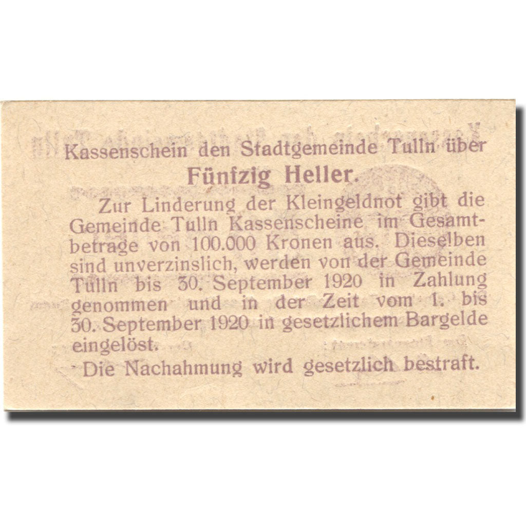 Billet, Autriche, Tulln, 50 Heller, valeur faciale, 1920 SPL Mehl:FS 1083I.3