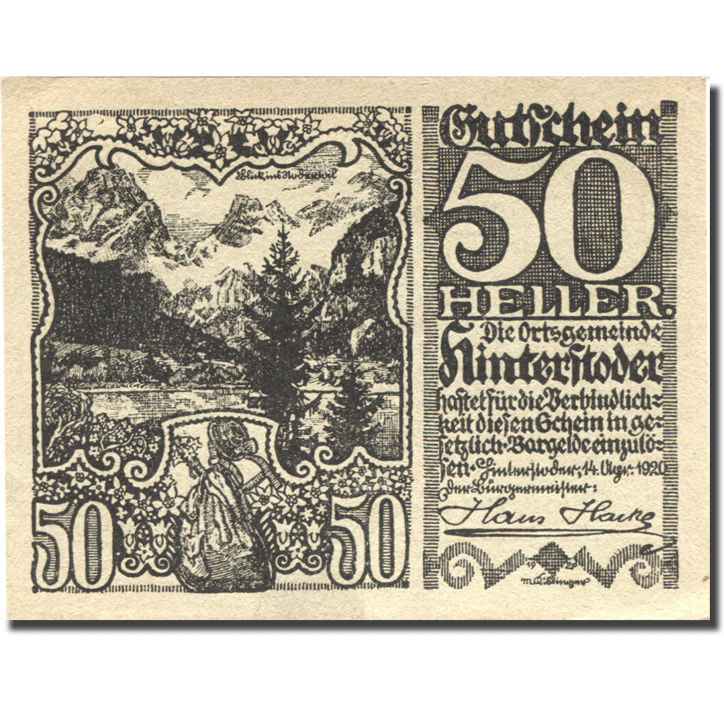 Billete, Austria, Hinterstoder, 50 Heller, montagne, 1920 SC Mehl:FS 377a