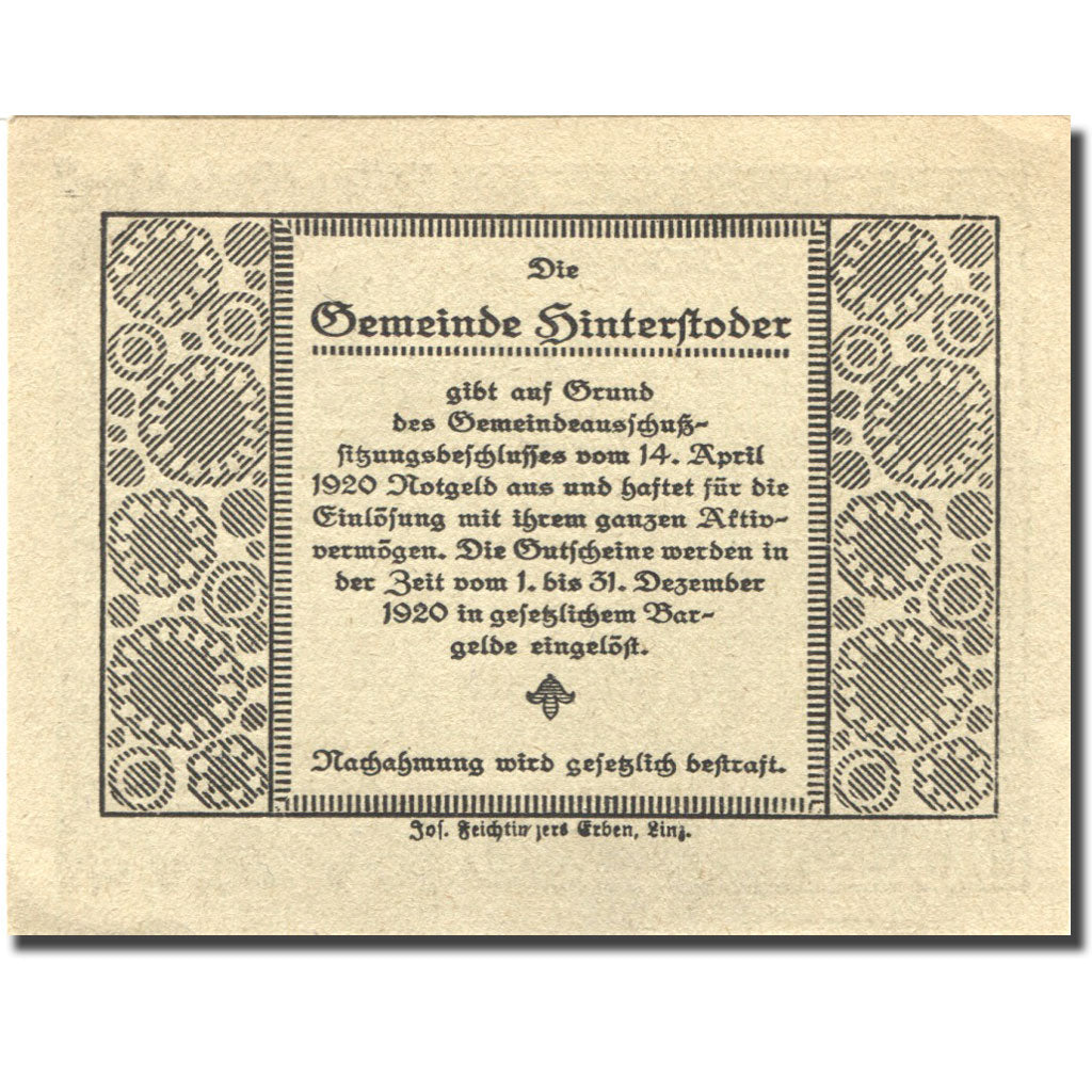 Billete, Austria, Hinterstoder, 50 Heller, montagne, 1920 SC Mehl:FS 377a