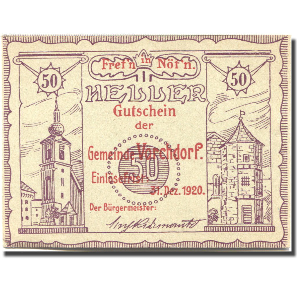Banconote, Austria, Vorchdorf, 50 Heller, Monument 1920-12-31, SPL Mehl:FS 1119a