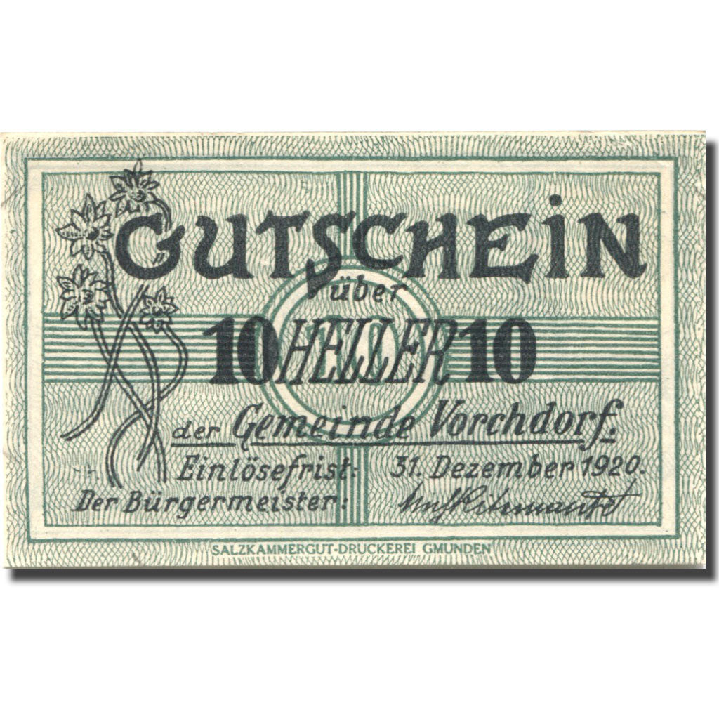 Banconote, Austria, Vorchdorf, 10 Heller, paysage 1920-12-31, SPL Mehl:FS 1119a