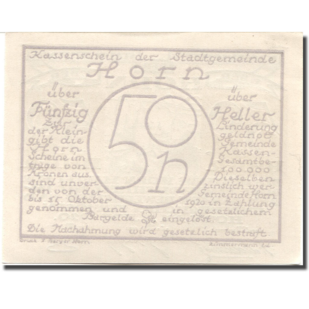 Banconote, Austria, Horn, 50 Heller, château 1920-06-04, SPL Mehl:FS 397IIa