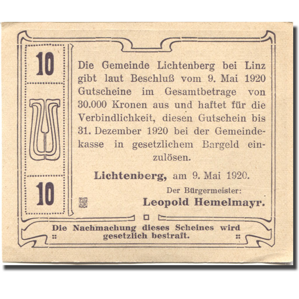 Banconote, Austria, Lichtenberg, 10 Heller, ferme, 1920 SPL Mehl:FS 518b1