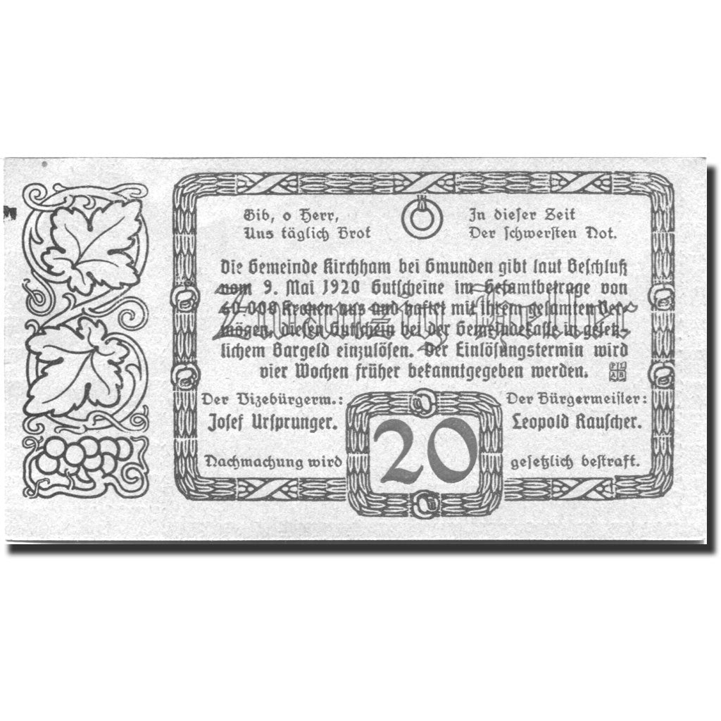 Banconote, Austria, Kirchham, 20 Heller, village 1920-05-09, SPL Mehl:FS 446Ia