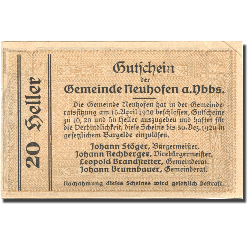Nota, Áustria, Neuhofen a.d Ybbs, 20 Heller, village, 1920 UNC(63) Mehl:FS 650a