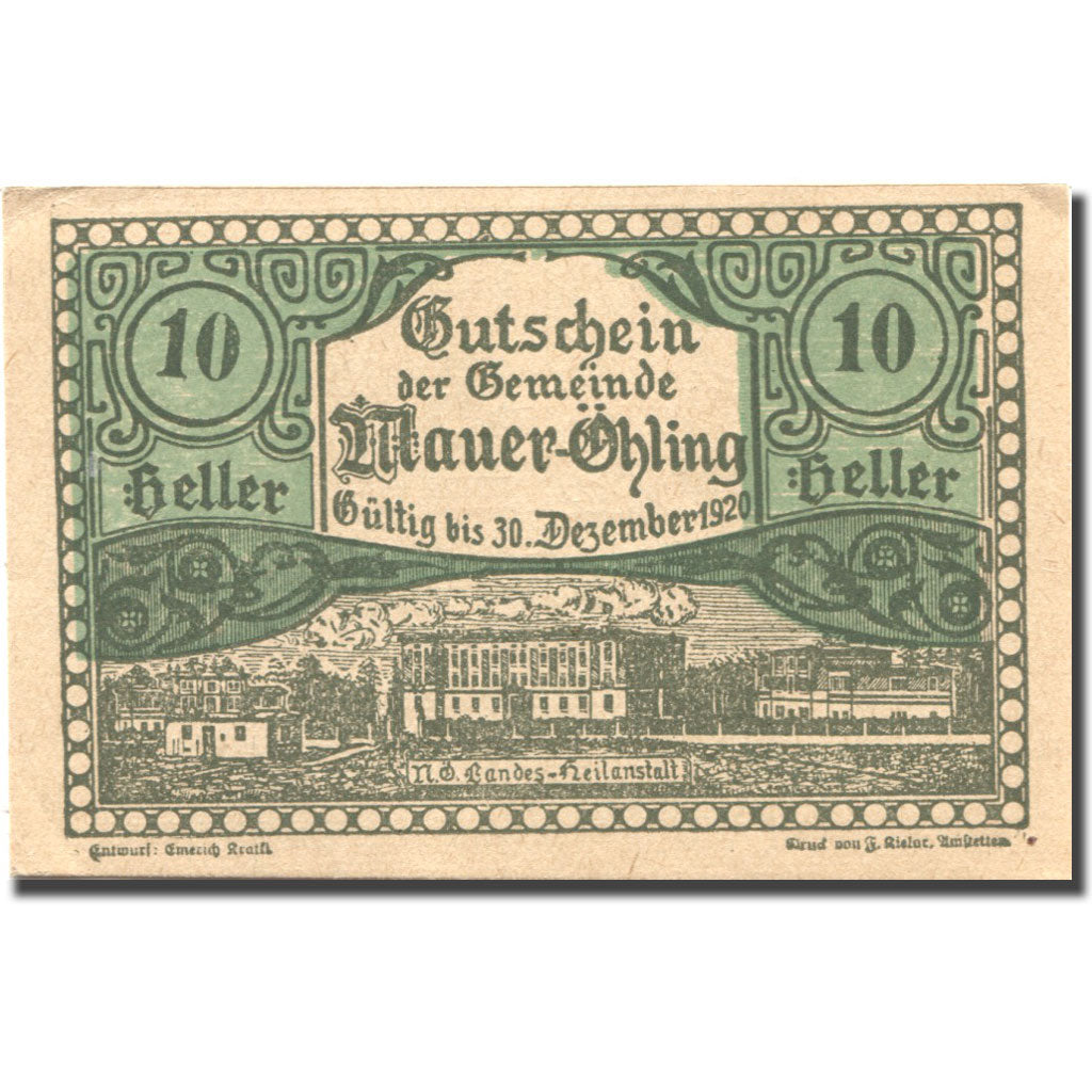 Geldschein, Österreich, Mauer Ohling, 10 Heller, village, 1920 UNZ Mehl:FS 599e