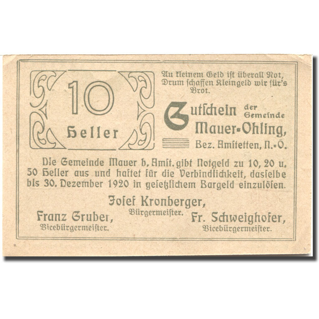 Geldschein, Österreich, Mauer Ohling, 10 Heller, village, 1920 UNZ Mehl:FS 599e
