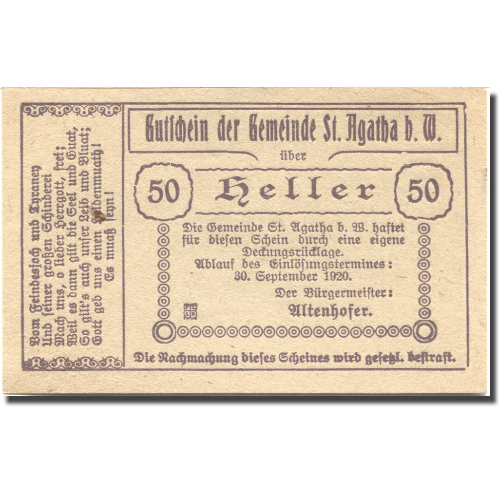 Geldschein, Österreich, St Agatha, 50 Heller, château, 1920 UNZ- Mehl:FS 877Ib