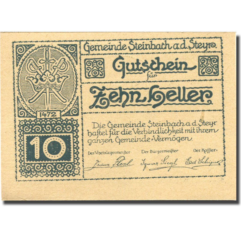 Geldschein, Österreich Steinbach a/d Steyr 10Heller Blason UNZ 1920 Mehl:FS 1025