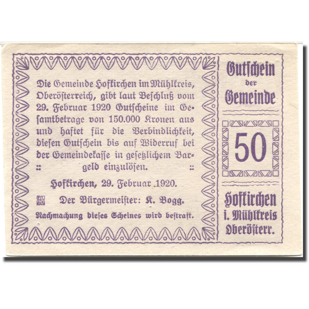 Geldschein, Österreich, Hofkirchen, 50 Heller, Eglise, 1920 VZ+ Mehl:FS 386Ic