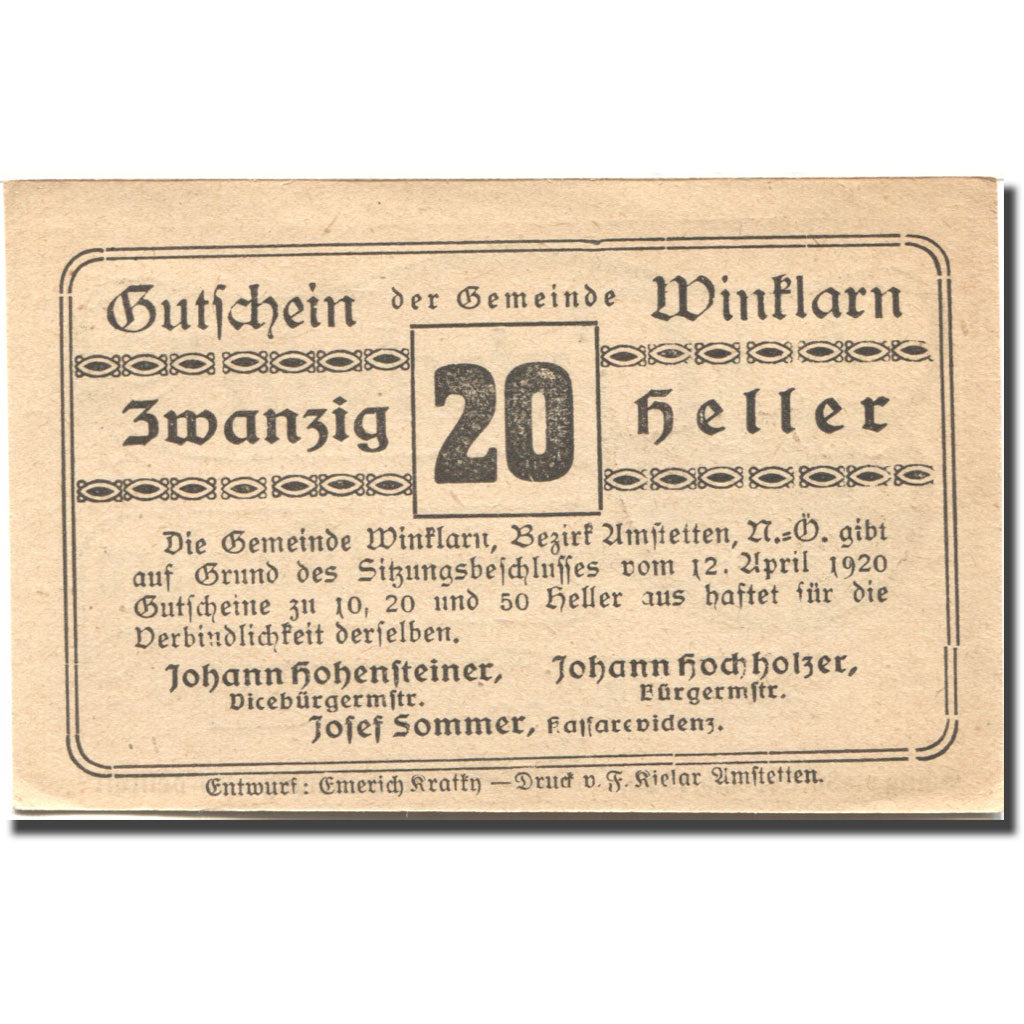 Banknot, Austria, Winklarn, 20 Heller, Eglise, 1920, 1920-12-30, AU(55-58)