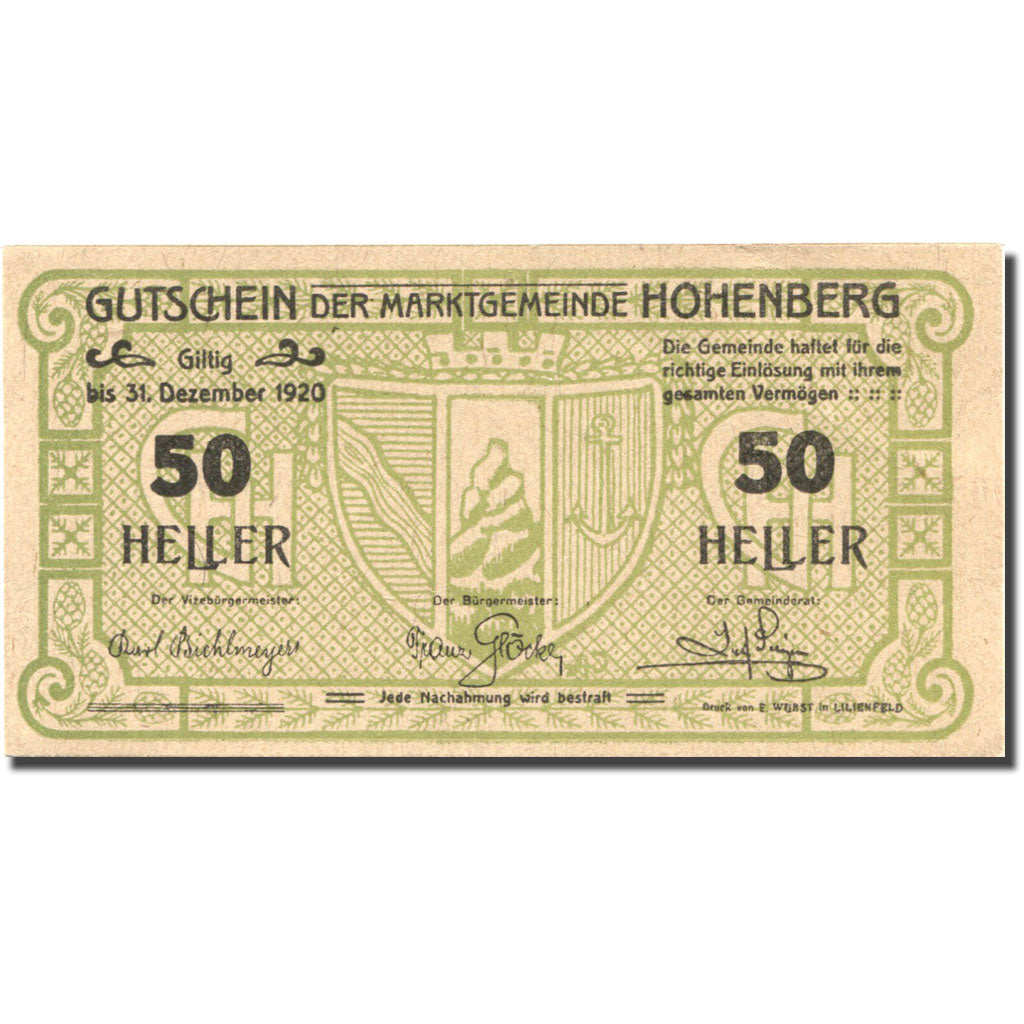 Geldschein, Österreich, Hohenberg, 50 Heller, Blason, 1920 UNZ- Mehl:FS 388IIa