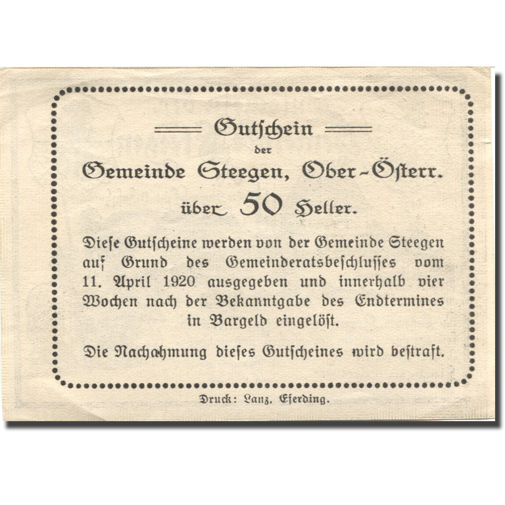 Billet, Autriche, Steegen, 50 Heller, chateau 1, 1920-04-11, SUP+ Mehl:FS 1212Ic