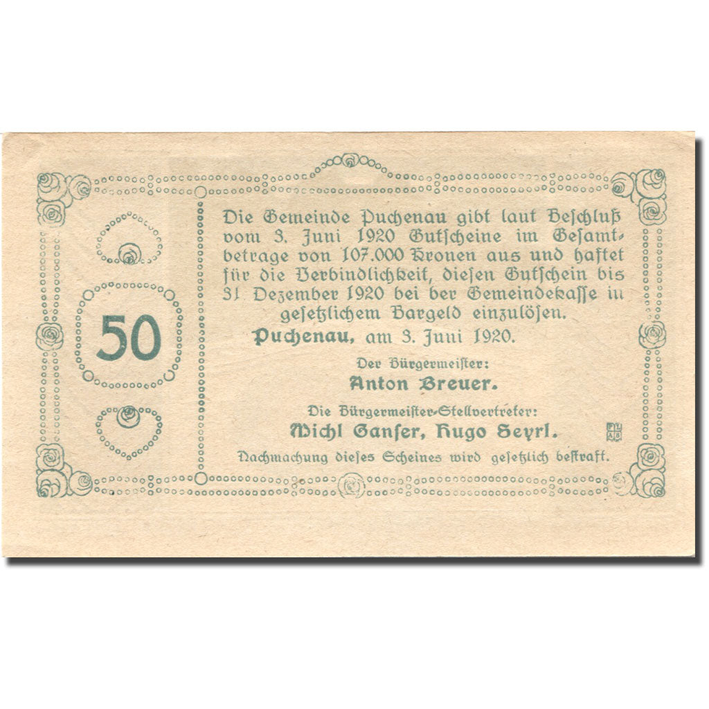 Banconote, Austria, Puchenau, 50 Heller, Forêt 1920-12-31, SPL Mehl:FS 788IIb
