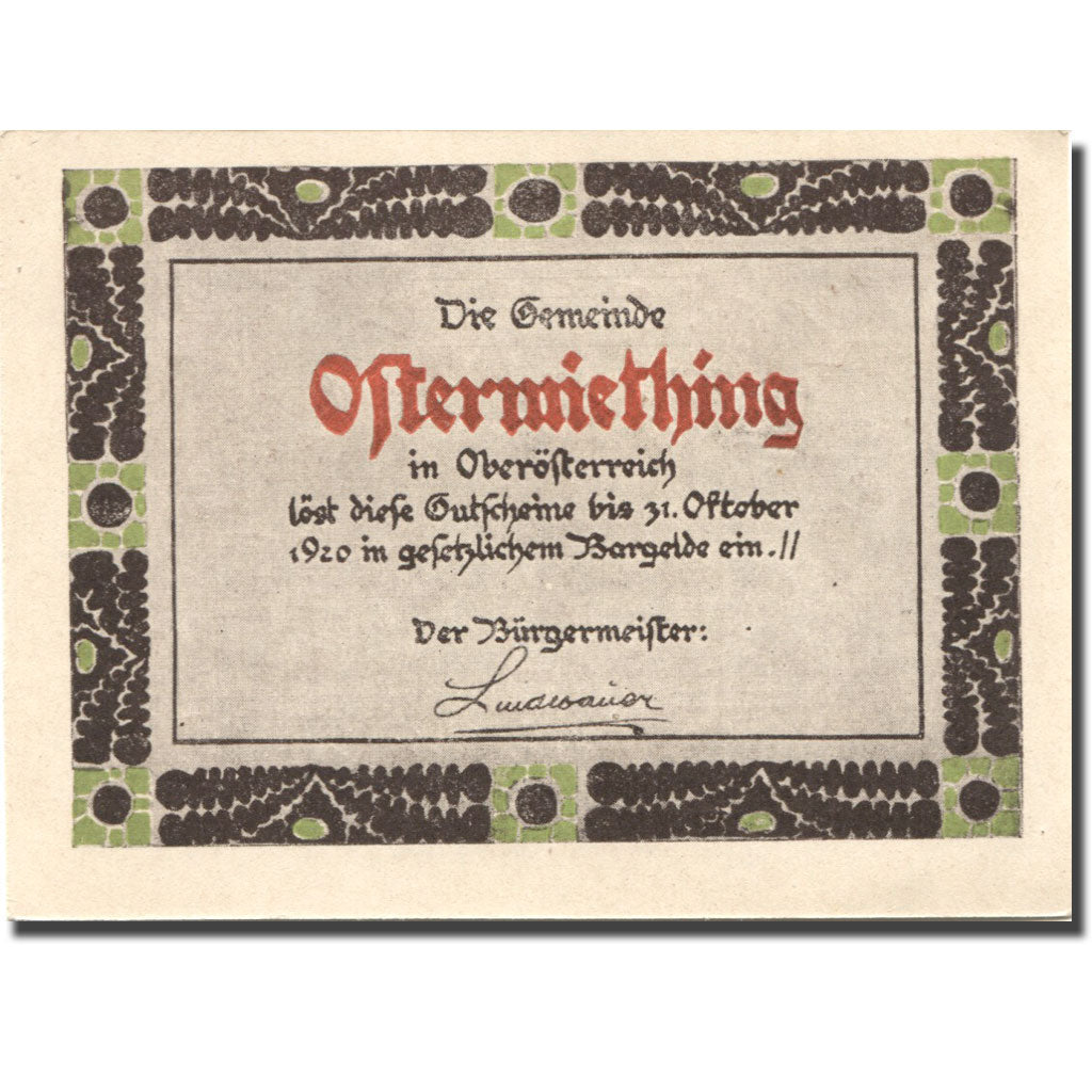 Billet, Autriche, Ostermiething, 20 Heller, personnage, 1920 SPL Mehl:FS 713II