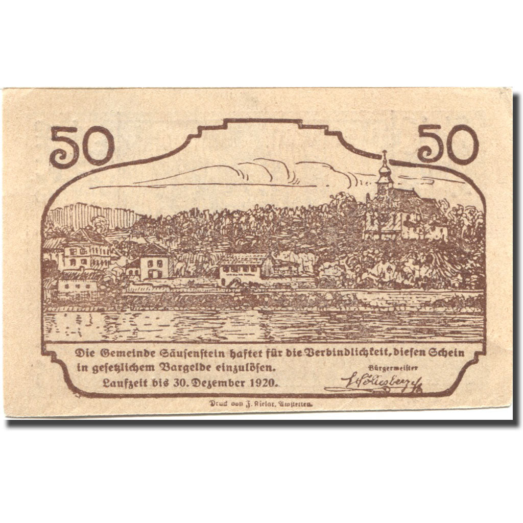 Geldschein, Österreich, Säusenstein, 50 Heller, village, 1920 UNZ Mehl:FS 950c
