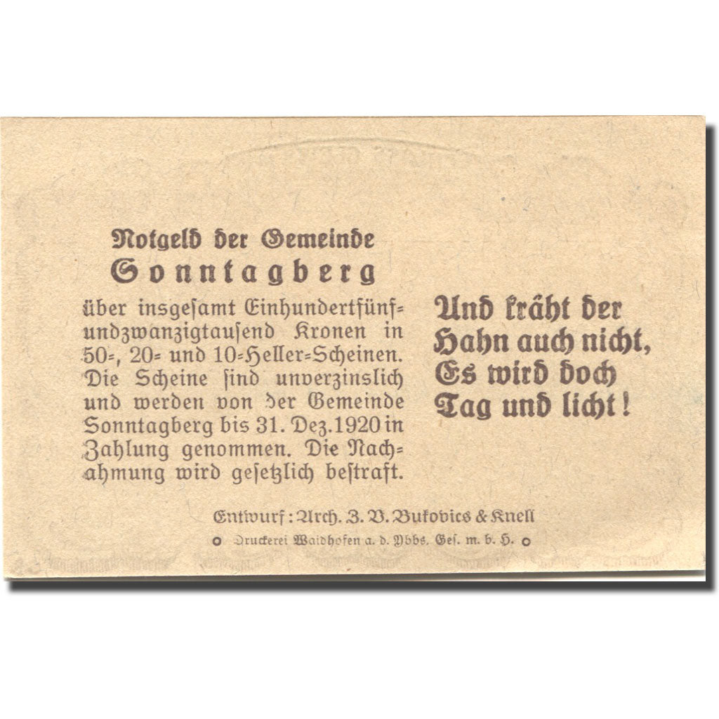 Banconote, Austria, Sonntagberg, 20 Heller, château, 1920 SPL Mehl:FS 1005a