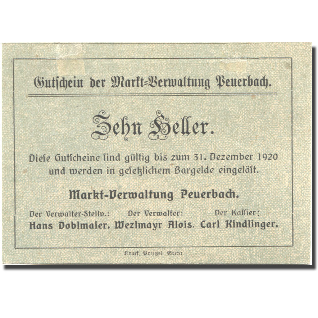Billet, Autriche, Peuerbach, 10 Heller, village 1920-12-31 SUP, Mehl:FS 742Id1